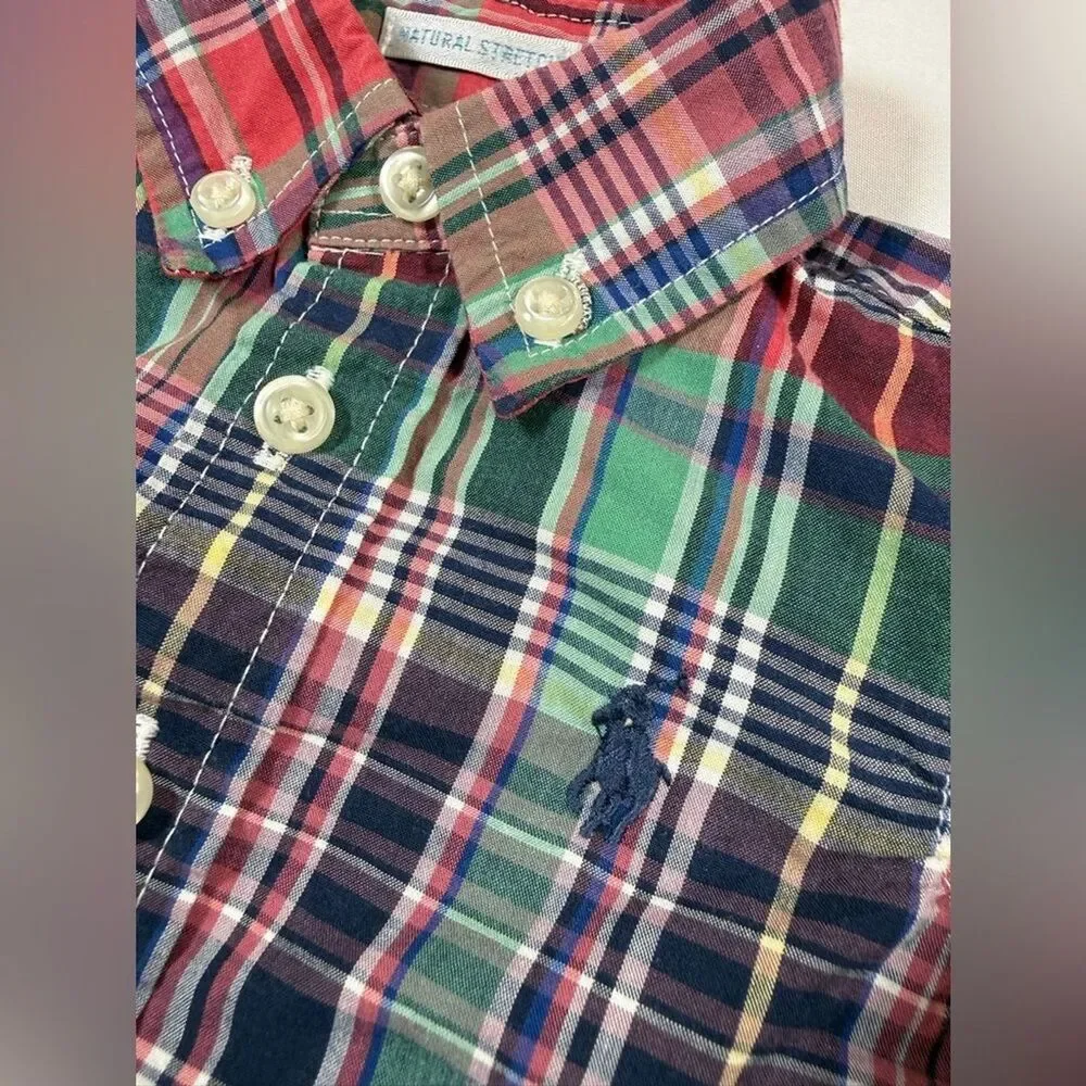 RALPH LAUREN Baby Boys' Natural Stretch Tartan Plaid Long Sleeve Button Down 3M